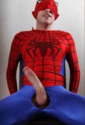 Spiderman (Johnny Leeks) and his huge hard cock exposed