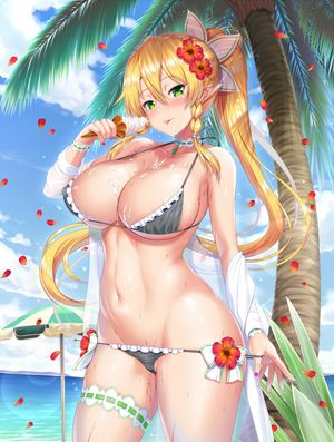 bikini cream garter kawase_seiki leafa open_shirt panty_pull pointy_ears see_through swimsuits sword_art_online undressing