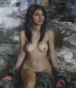 Black Haired Lady waiting on bed - Erotica in Painting Art