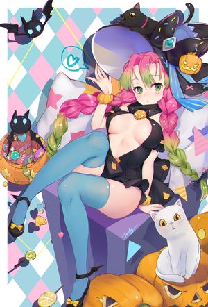 areola dress erect_nipples halloween heels jiujiuyatou_(yayanzz) kanroji_mitsuri kimetsu_no_yaiba neko no_bra thighhighs witch