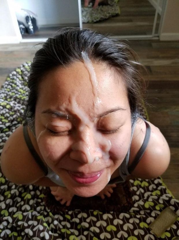 Milf on her knees after taking facial cum shot, good slag