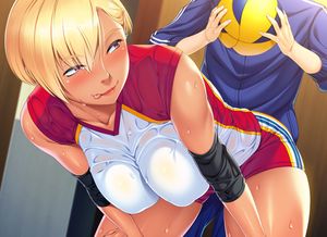 Horny blonde Hitozuma licking her lips while bent over in a volleyball uniform.