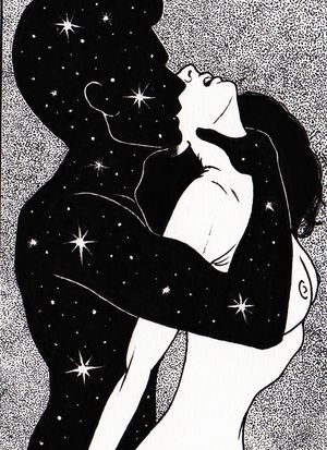 Space man holding her from behind