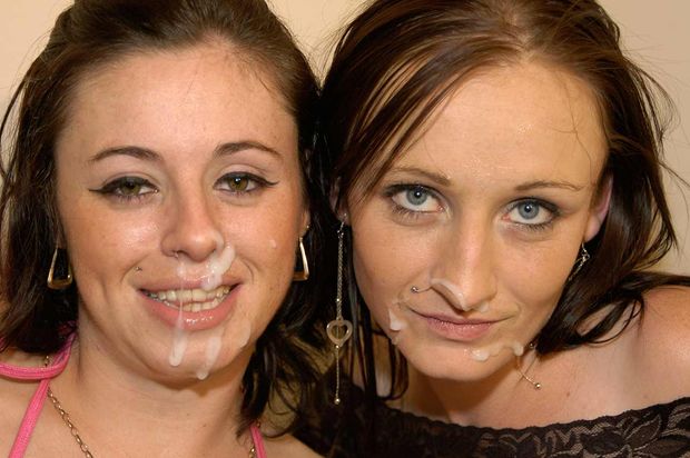 White sluts Cassie and Kitse get cum on faces at a bukkake party