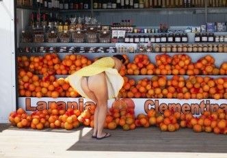 fruit stand on a windy day
