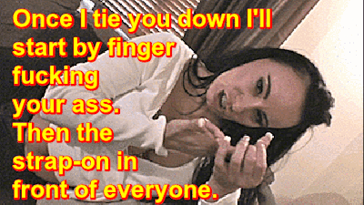 start by finger fucking your ass then the strap on in front of everyone
