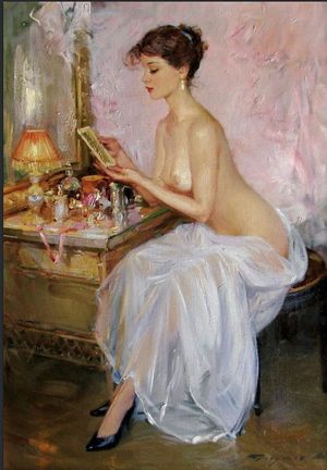 Woman looking at portrait of her lover