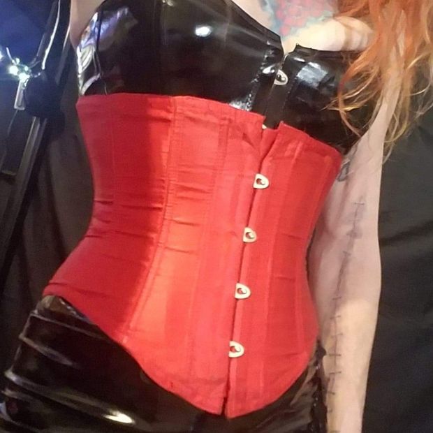 black pvc dress w red corset