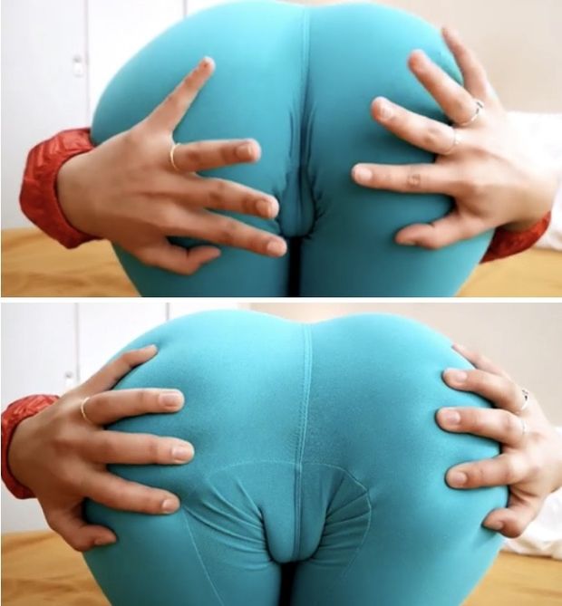 Mila strips leggings off to show pussy lips