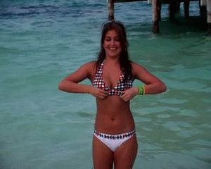 Stunning Brunette Babe Flashing Nice Firm Tits In Polka-Dot Bikini