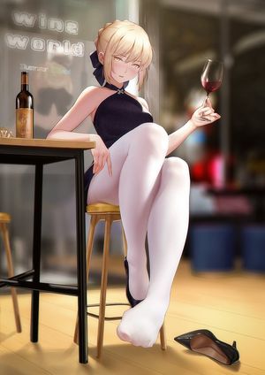 blonde with a glass of wine in white stockings