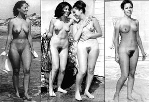 Vintage black and white nude ladies on the beach