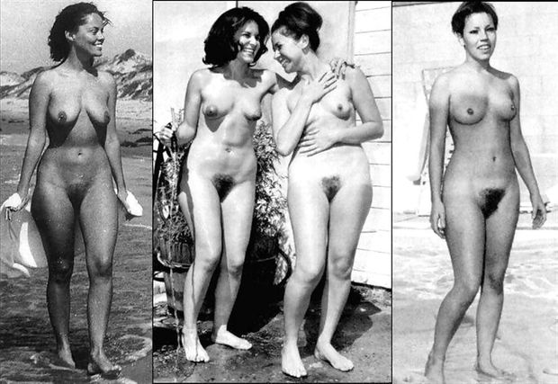 Vintage black and white nude ladies on the beach