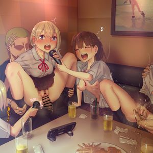age_difference alcohol artist_request backpack bag blonde_hair blue_eyes blush breasts
