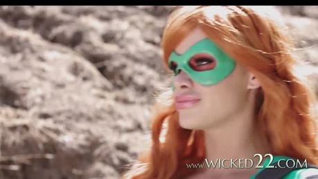 Redhaired pornstar from Justice League XXX parody enjoying outdoor sex with Ryan Driller and Jessa Rhodes