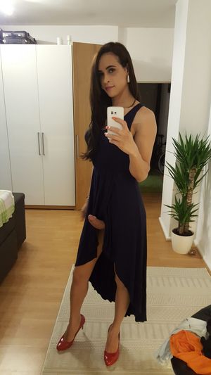 Gorgeous shemale wearing a dress showing her huge cock