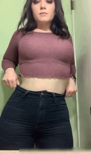 Brunette pawg pulls jeans up and unbuttons them