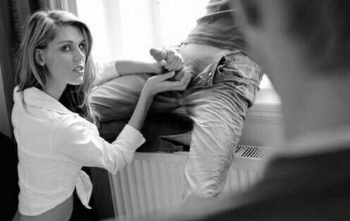 Husband watches blonde wife enjoy his friend