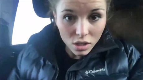 Beautiful teen with big tits fingering her muff in car