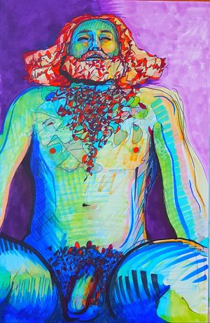 Copic drawing of nude bear lounging like a genie.