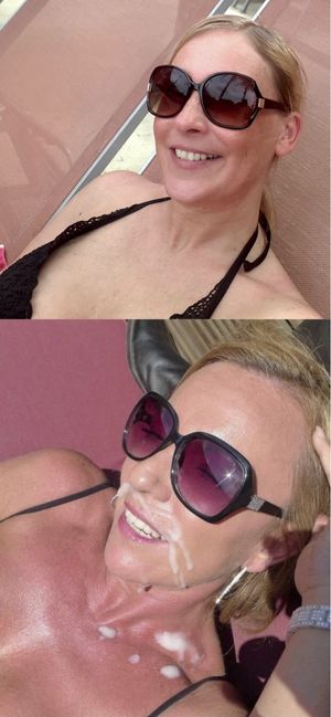 Before/After: a nice blonde MILF enjoys my cum on her face. 63b