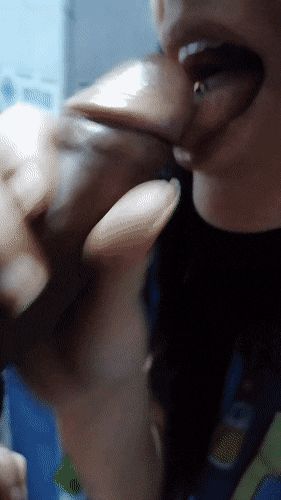 Brunette licks cock with pierced tongue blowjob GIF