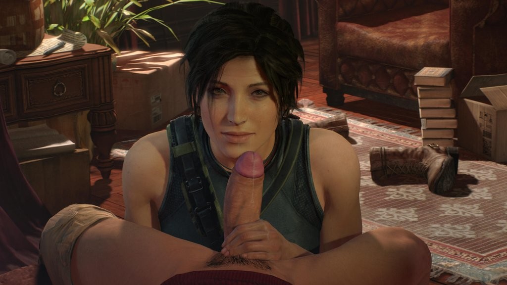 Lara Croft strokes a cock outside