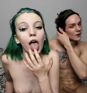 Green haired emo teen with a massive load of cum dripping off her face-See the HD video on our blog