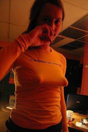 I love puffies and braless babes, so yeah, this one is a two-fer. Insane pair of puffers. Wow.