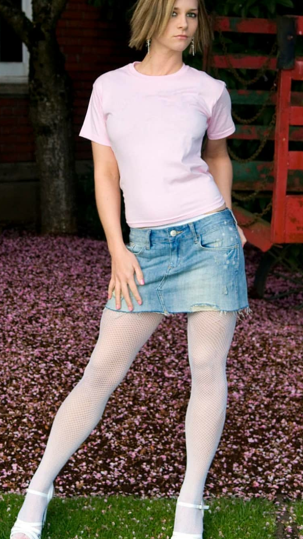 Blonde white pantyhose jean skirt