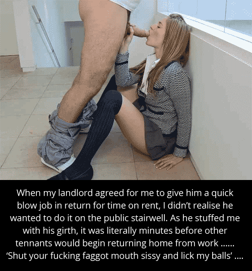 Sissy Caption Paying Rent In Stairwell