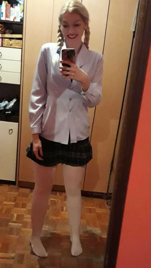 Cute blonde white pantyhose skirt uniform