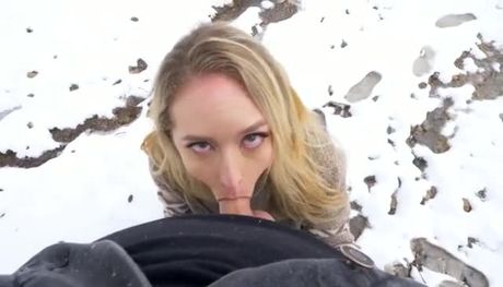 Blowjob and swallow in the snow