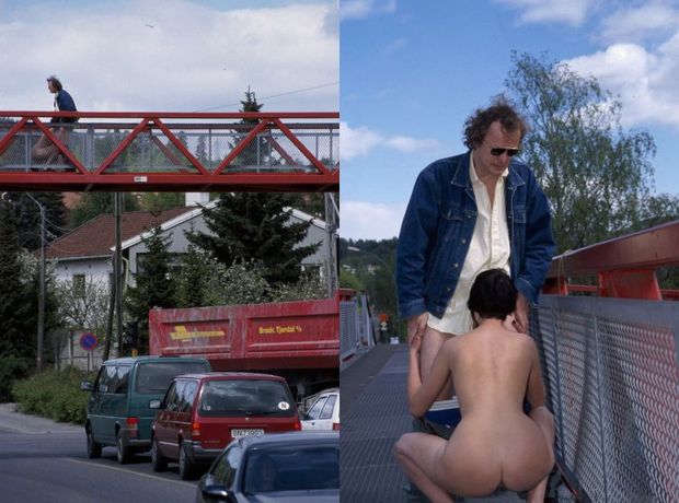 Oral sex game with a completely naked amateur slut in the middle of a bridge in a busy public place