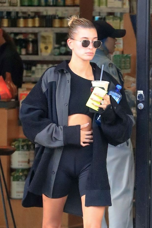 Hailey Bieber Baldwin Cameltoe in Black Spandex Shorts