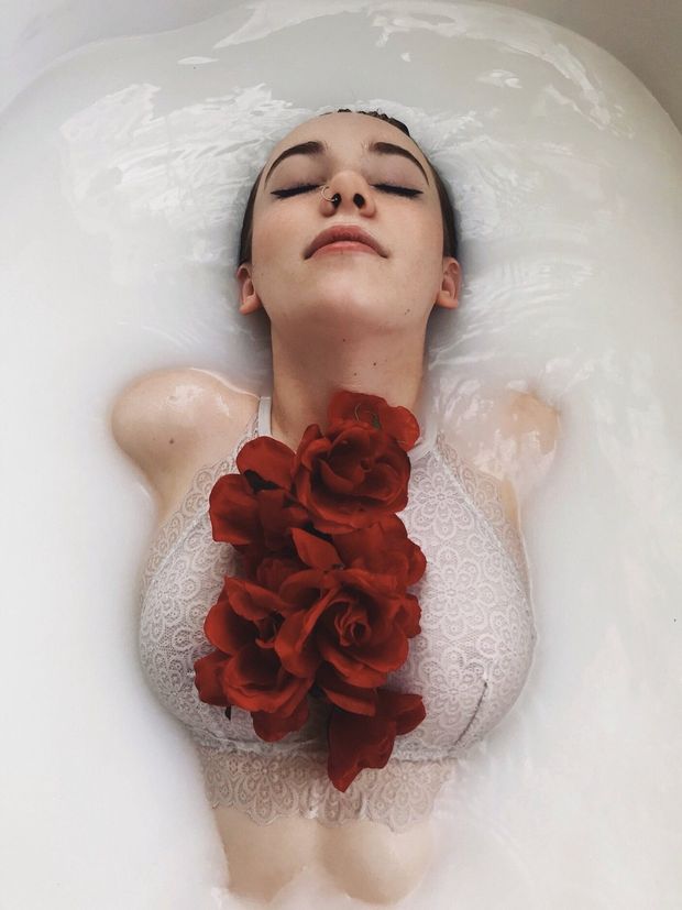 Milky water/lady/bra. Red roses