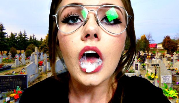 perfect babe very sexy with cum in mouth on nature in cemetery