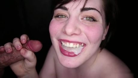 Horny Brunette Swallowing Cum