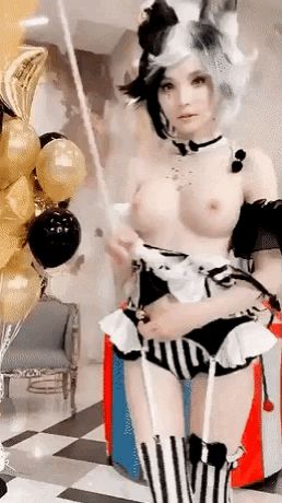 Topless in black and white cosplay