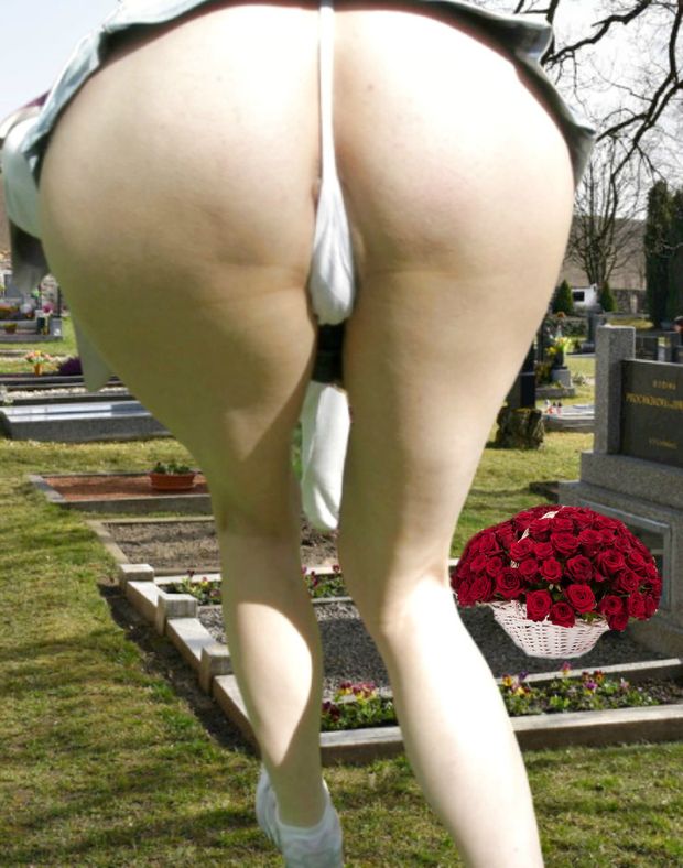 the grieving  widow upskirt & very sexy show beautiful ass in white thong in public on cemetery in cemetery