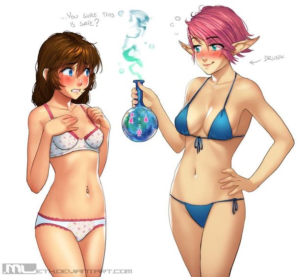 You cautiously look at the potion Amille is holding. Shes already convinced you to strip. You stare at her vulnerably.