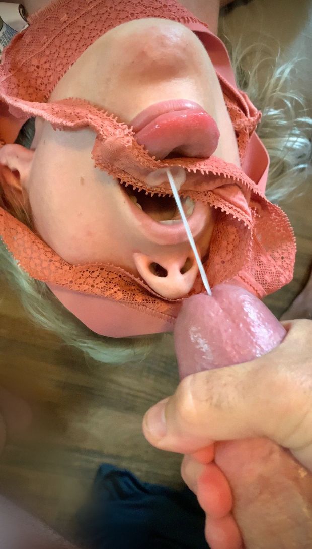 Perfect cumshot with panties stuffed in gf mouth