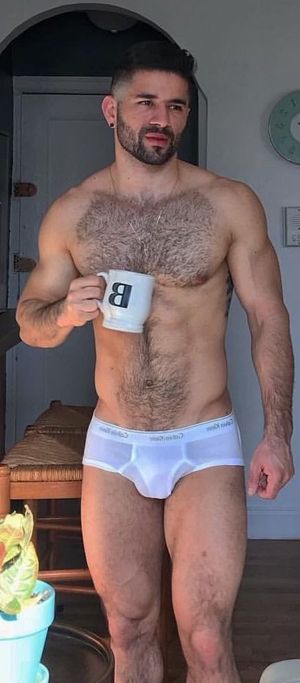 hairy men in white briefs