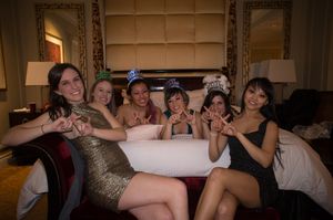 Sexy gold dress brunette with friends