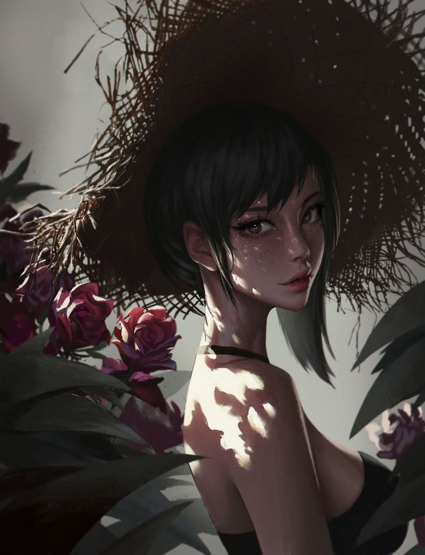 Portrait of a woman with straw hat, by Wang Chen