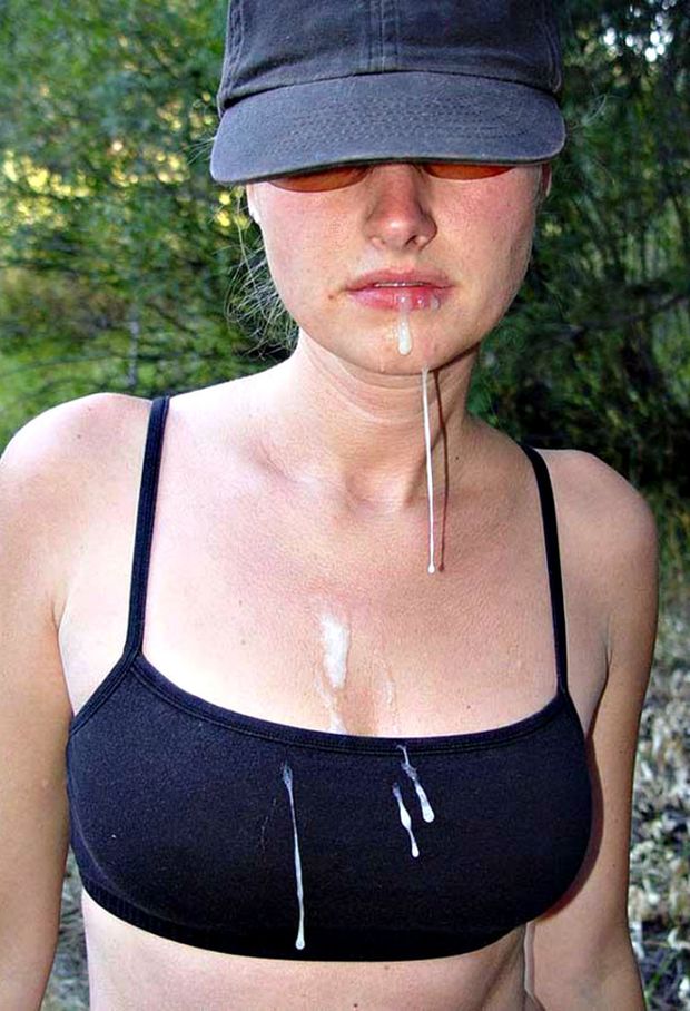 perfect  babe with very sexy cum on body, tits & mouth in public on nature