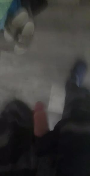 My semi-hard cock exposed through hole in pants.