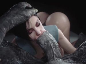 Brunette blows a huge 3d monster cock