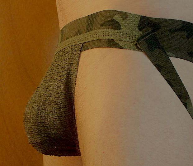 My big bulge in my camo jockstrap sideview