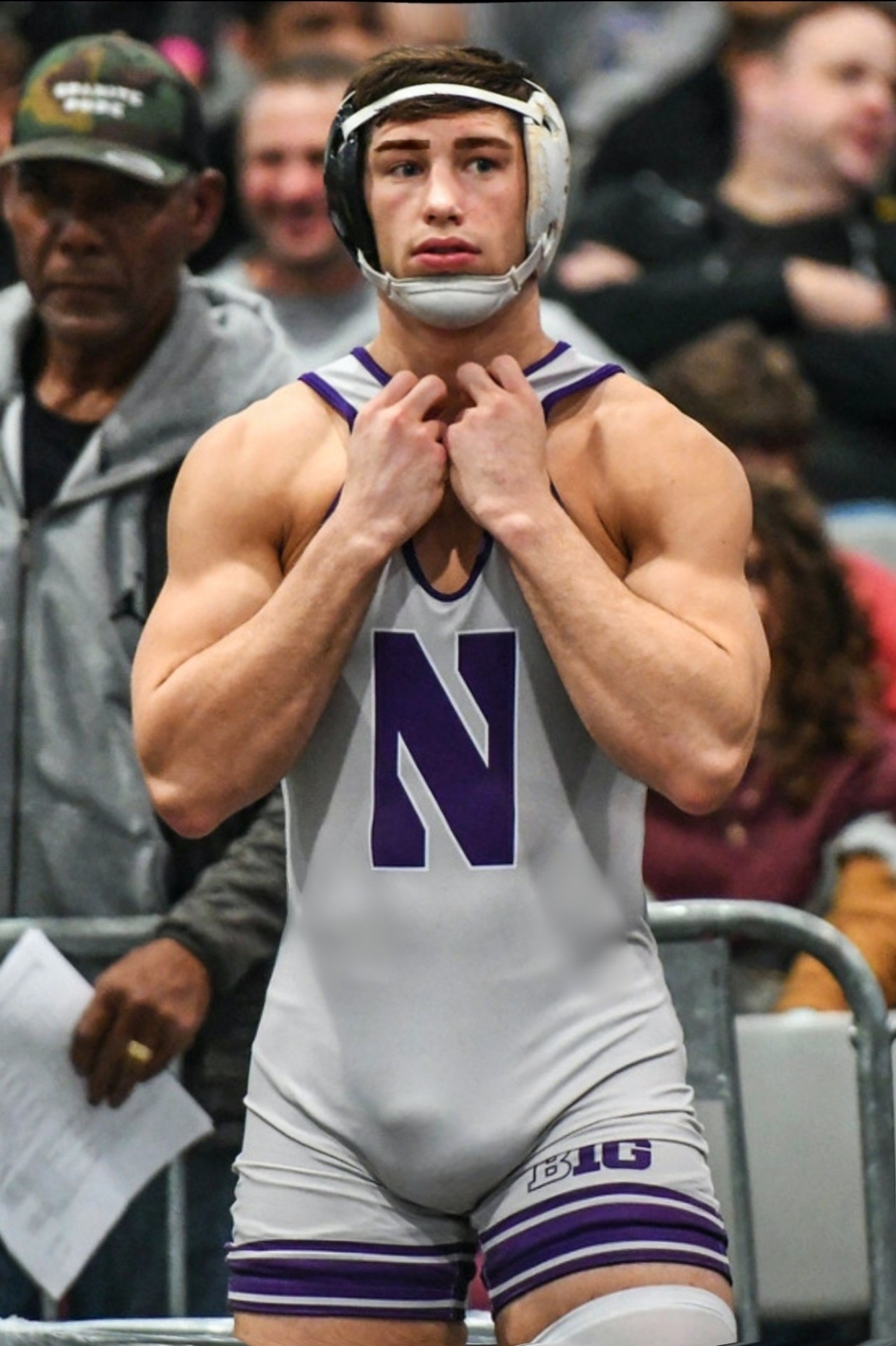 College wrestler with visible penis line